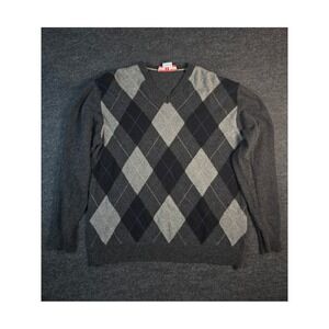 Vintage 90s Luigi Baldo Cashmere Silk Argyle V-Neck Sweater Charcoal Size XL